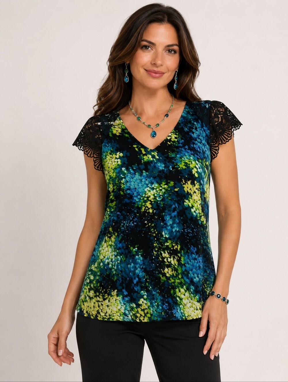 City Street Abstract Print Lace Flutter Sleeve Top